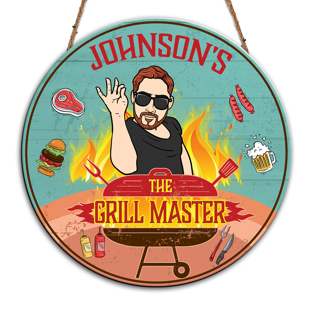 Personalized Grandpa The Grill Master Round Wood Sign 27819