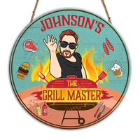 Personalized Grandpa The Grill Master Round Wood Sign 27819 thumb 1