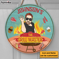 Personalized Grandpa The Grill Master Round Wood Sign 27819 thumb 1