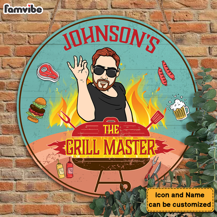 Personalized Grandpa The Grill Master Round Wood Sign 27819 1