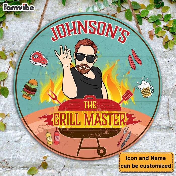 Personalized Grandpa The Grill Master Round Wood Sign 27819 1