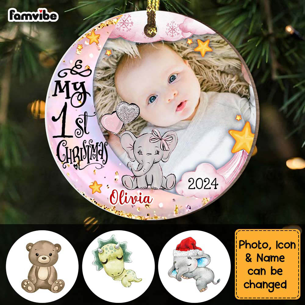Personalized Baby's First Christmas Animal Upload Photo Circle Ornament 28629