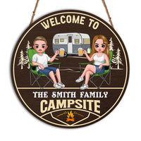 Personalized Gift For Couple Welcome To Our Campsite Round Wood Sign 34903 thumb 1
