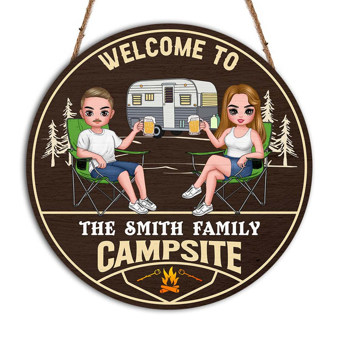 Personalized Gift For Couple Welcome To Our Campsite Round Wood Sign 34903 1