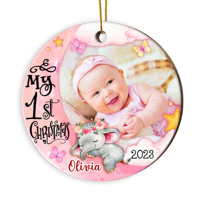Personalized Pink Baby's First Christmas Elephant For Girl Circle Ornament OB291 58O28 1