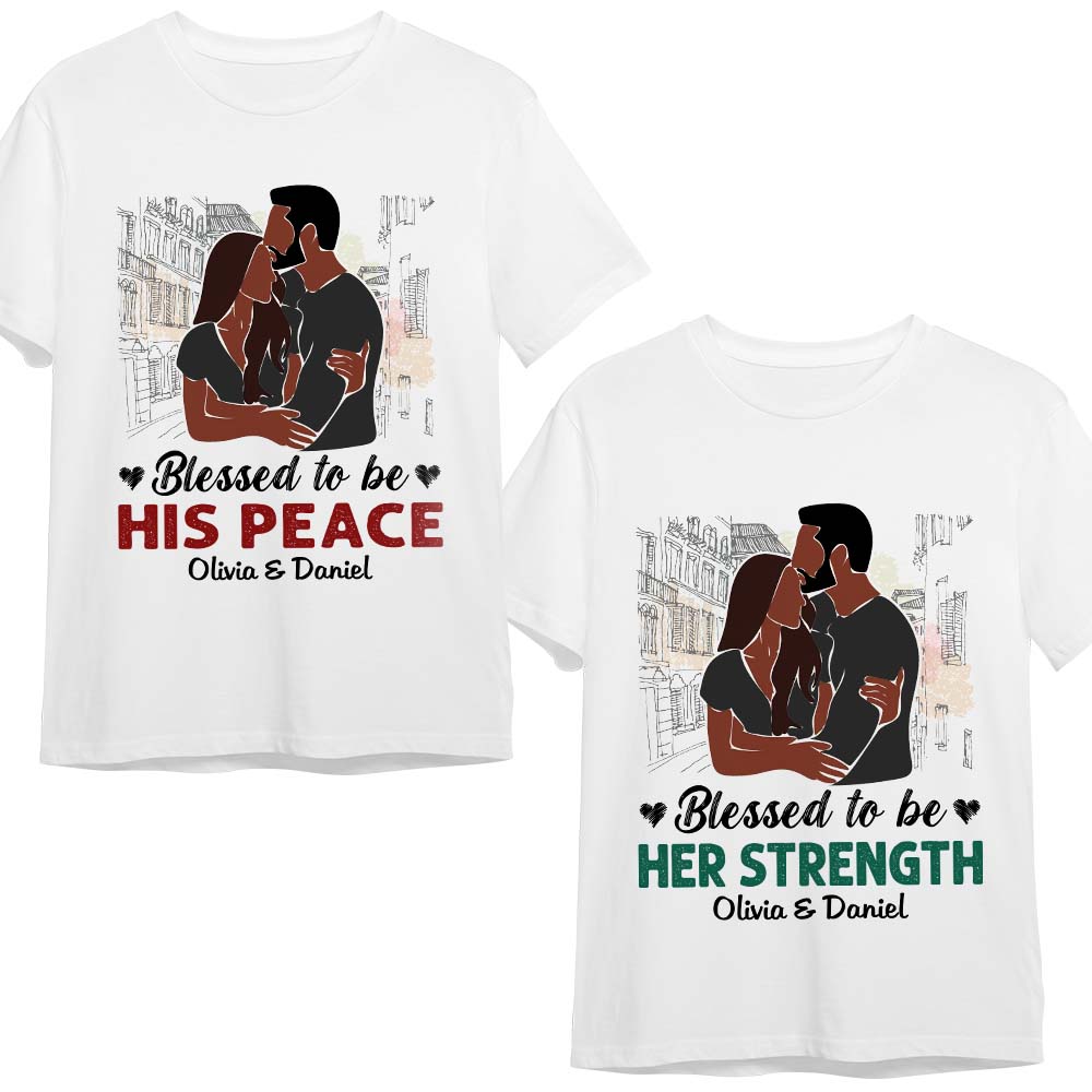 Personalized Gift for Couple Anniversary Her Strength His Peace Couple T Shirt 27092