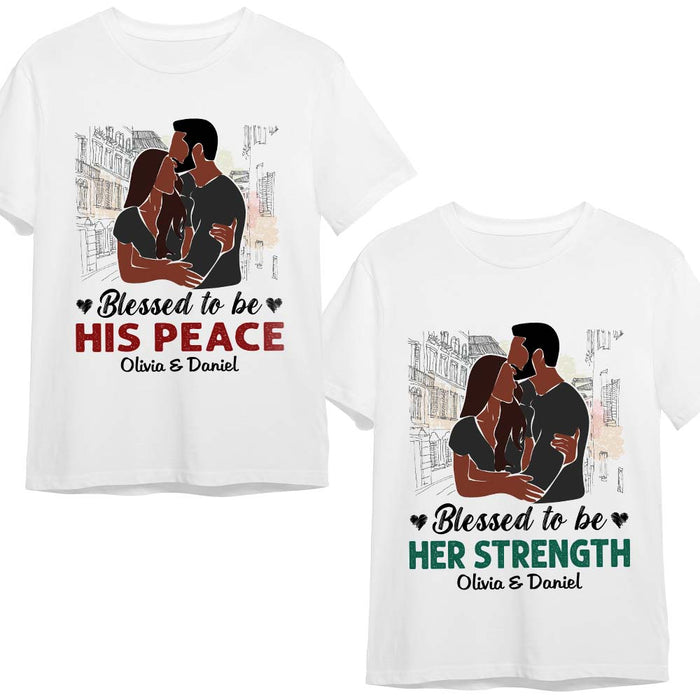 Personalized Gift for Couple Anniversary Her Strength His Peace Couple T Shirt 27092 1