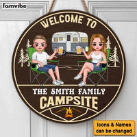 Personalized Gift For Couple Welcome To Our Campsite Round Wood Sign 34903 thumb 1