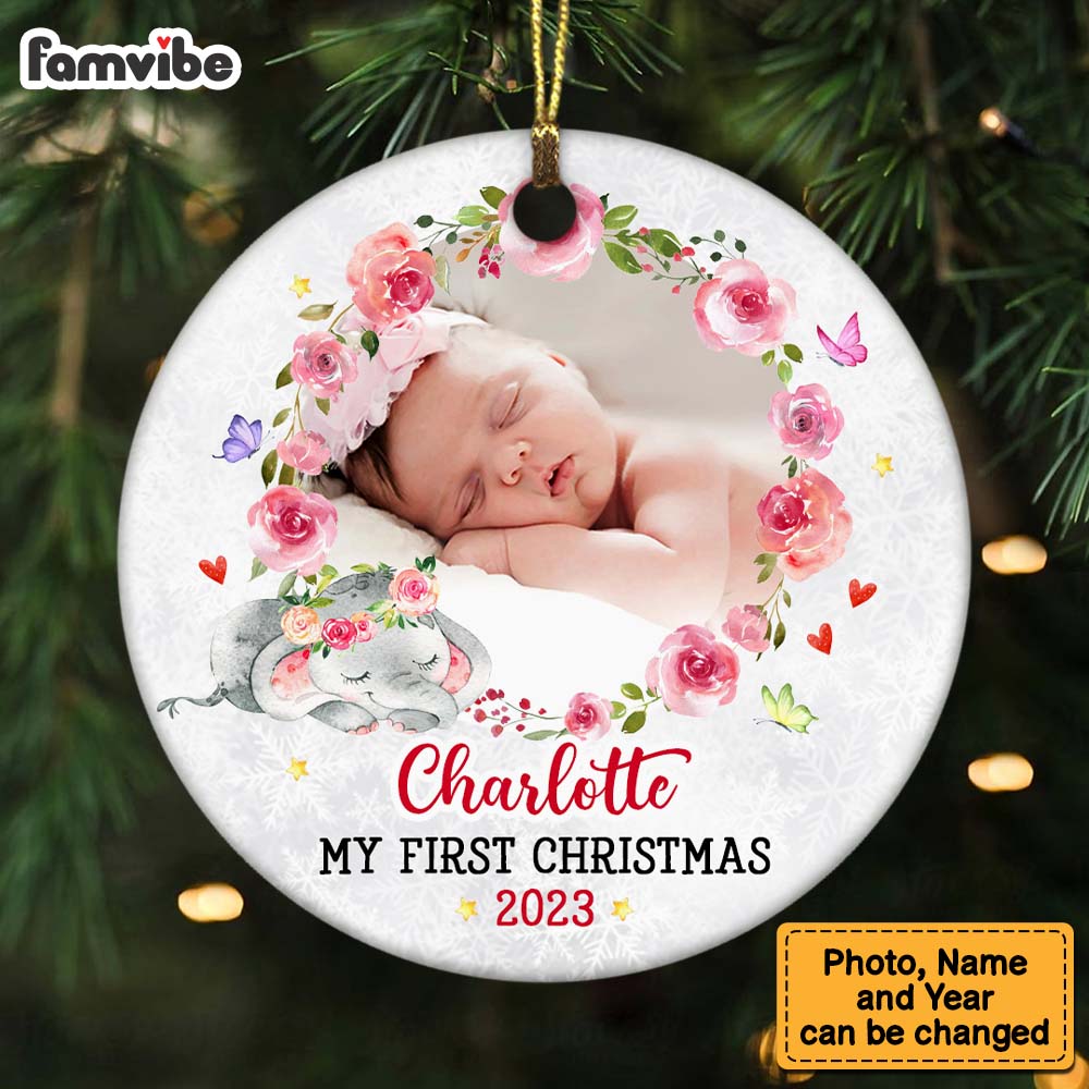 Personalized Baby's First Christmas Elephant Circle Ornament OB72 30O47