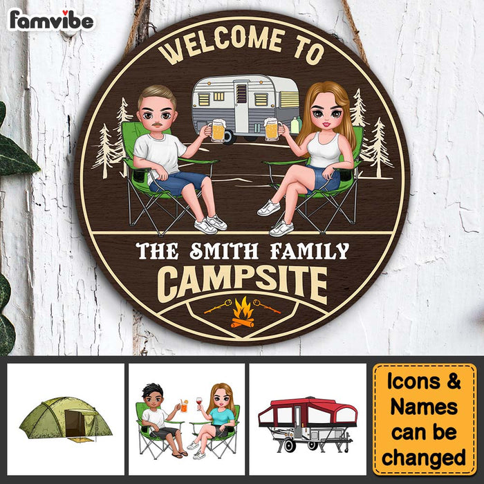 Personalized Gift For Couple Welcome To Our Campsite Round Wood Sign 34903 1