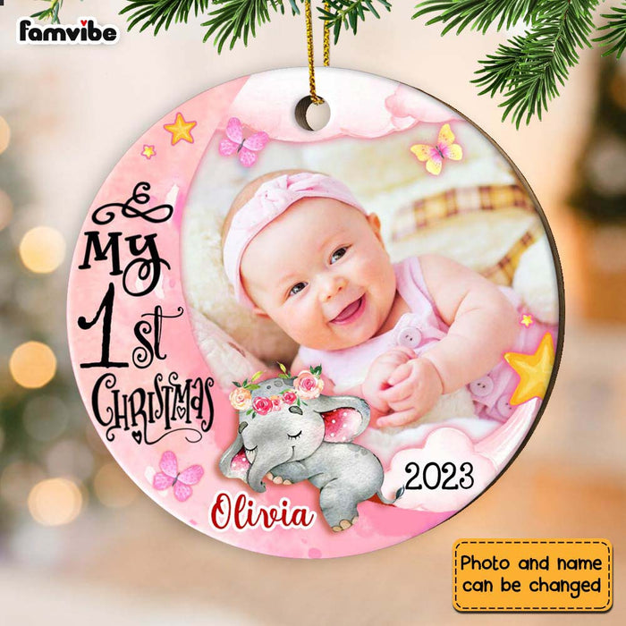 Personalized Pink Baby's First Christmas Elephant For Girl Circle Ornament OB291 58O28 1