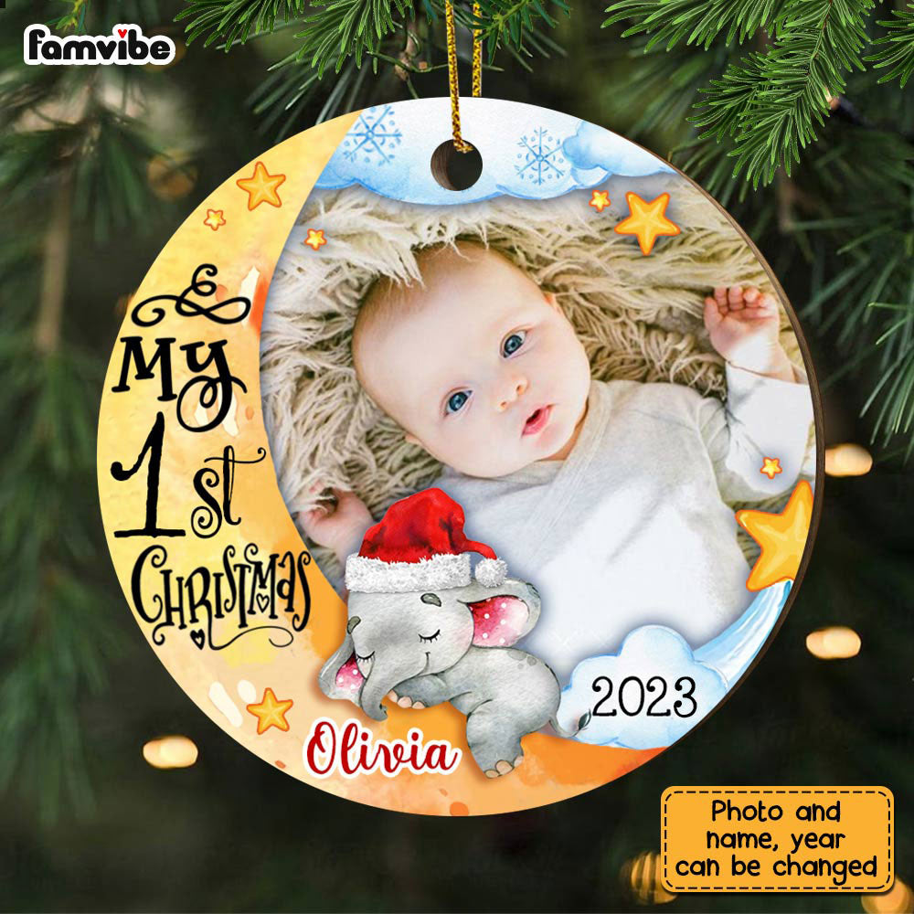Personalized Baby's First Christmas Elephant Photo Circle Ornament OB33 23O28
