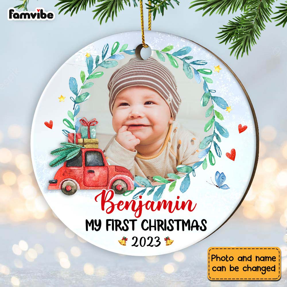 Personalized Baby First Christmas Truck Photo Circle Ornament NB72 32O28