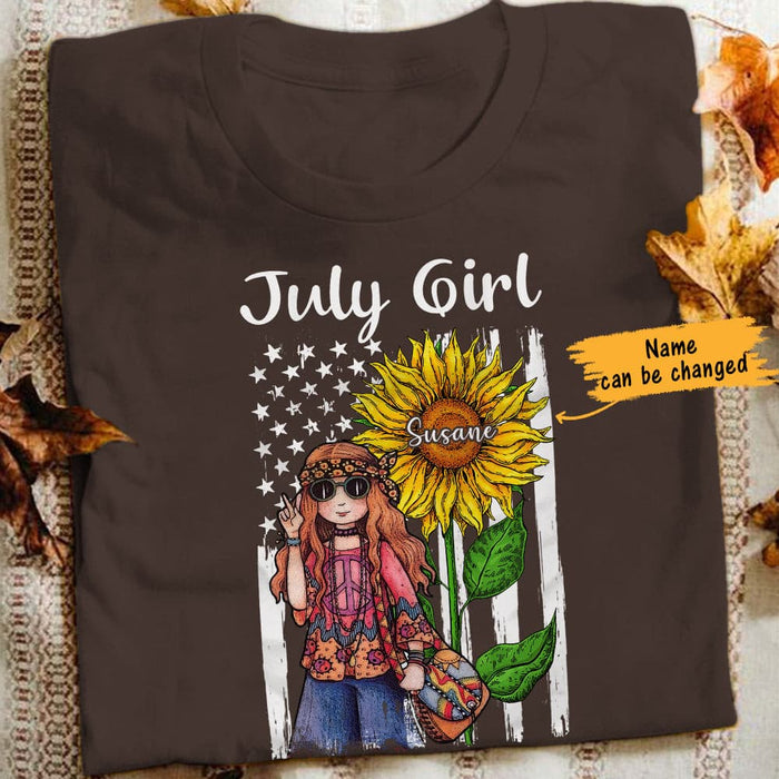 Personalized Hippie Girl And Sunflower America Flag T Shirt JN191 30O65 1