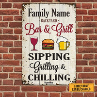 Personalized Family Backyard Sipping Grilling Chilling Metal Sign AG62 30O58 thumb 1