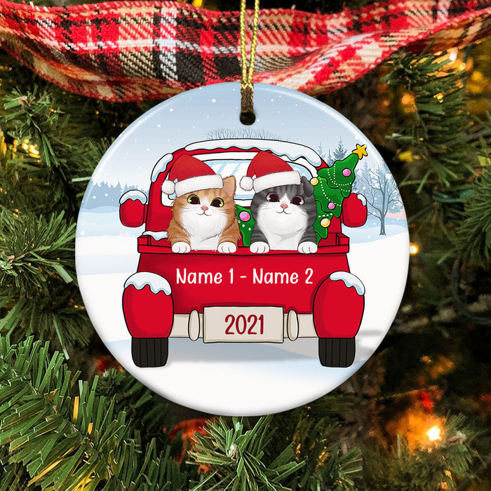 Personalized Cat Christmas Red Truck Circle Ornament AG264 81O34 1