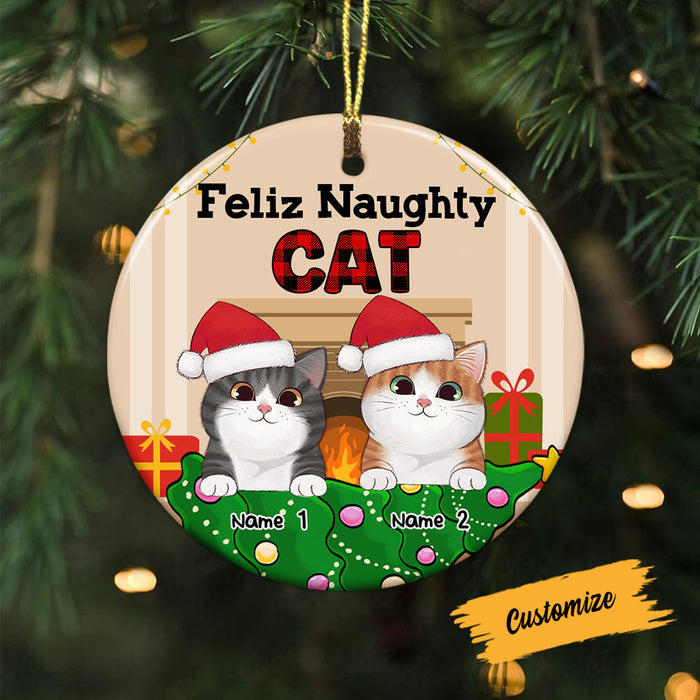 Personalized Feliz Naughty Cat Christmas Circle Ornament AG302 23O58 1