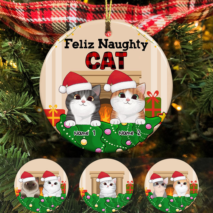 Personalized Feliz Naughty Cat Christmas Circle Ornament AG302 23O58 1
