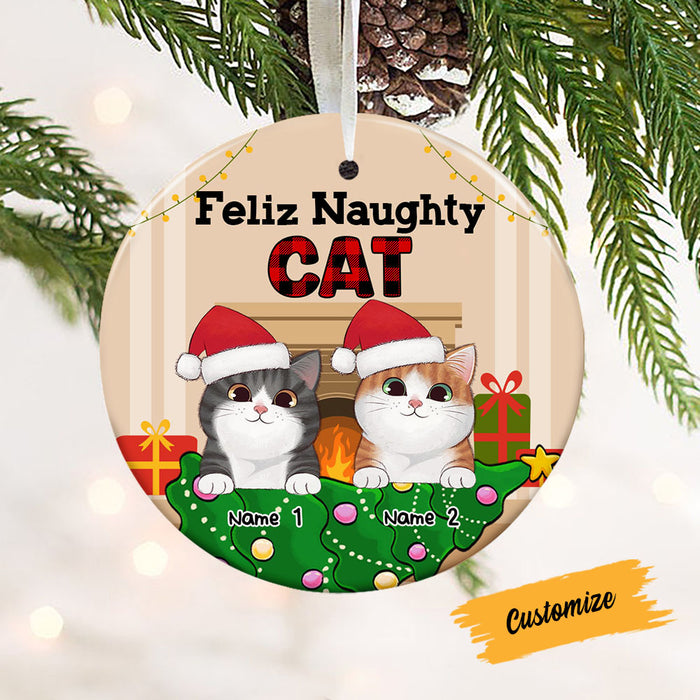 Personalized Feliz Naughty Cat Christmas Circle Ornament AG302 23O58 1