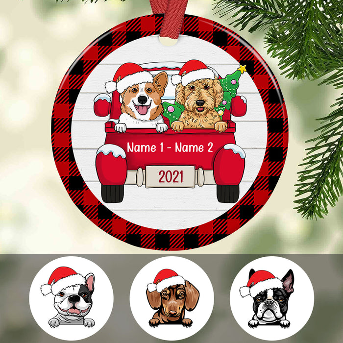 Personalized Dog Red Truck Plaid Circle Ornament AG314 81O34 1