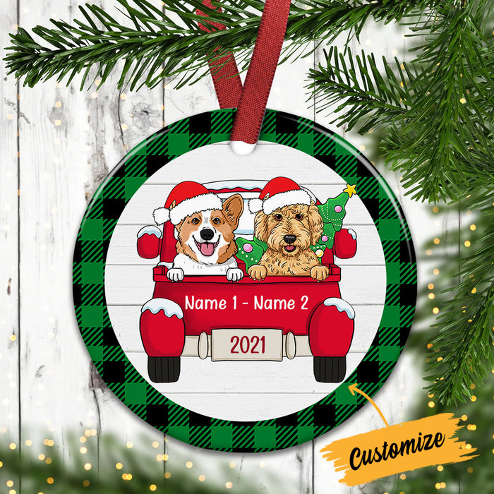 Personalized Dog Red Truck Plaid Circle Ornament AG314 81O34 1