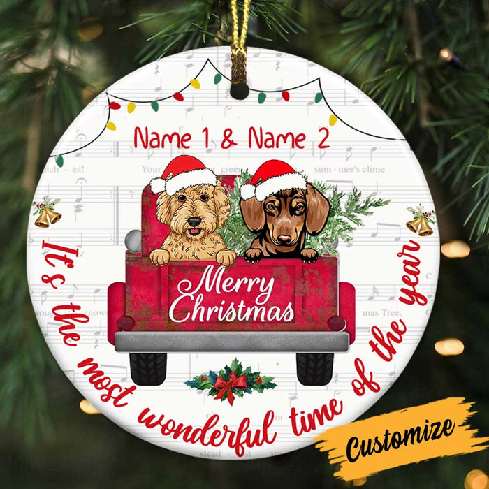 Personalized Dog Red Truck Christmas Circle Ornament OB122 87O34 1