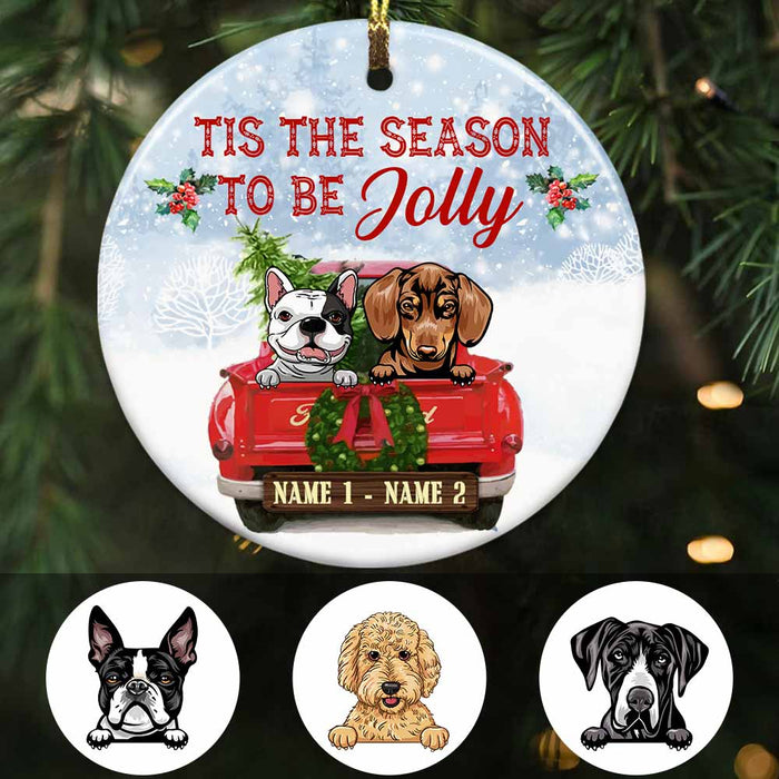 Personalized Dog Red Truck Jolly Christmas Circle Ornament OB121 87O58 1
