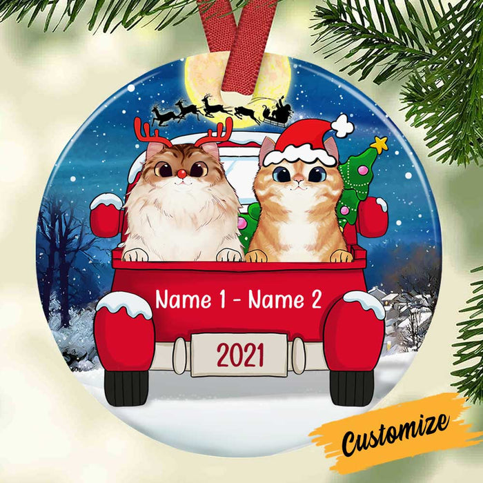 Personalized Cat Christmas Red Truck Circle Ornament OB201 81O34 1