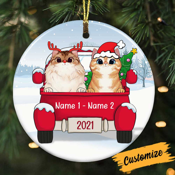 Personalized Cat Christmas Red Truck Circle Ornament OB201 81O34 1
