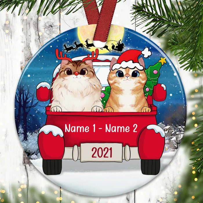 Personalized Cat Christmas Red Truck Circle Ornament OB201 81O34 1