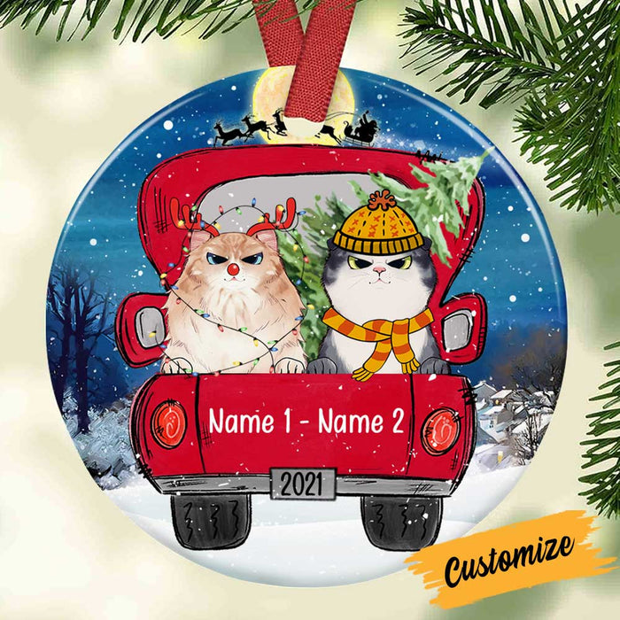 Personalized Cat Red Truck Christmas Circle Ornament OB214 81O34 1