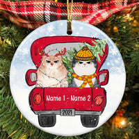 Personalized Cat Red Truck Christmas Circle Ornament OB214 81O34 thumb 1