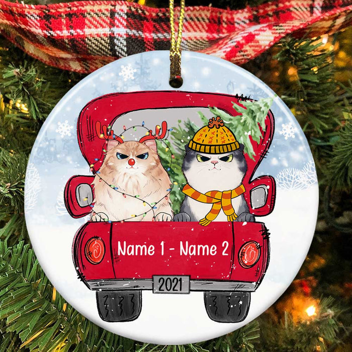 Personalized Cat Red Truck Christmas Circle Ornament OB214 81O34 1