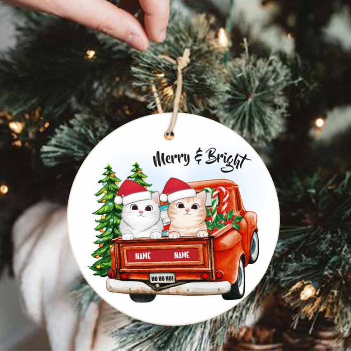 Personalized Christmas Cat Red Truck Circle Ornament NB31 24O66 1