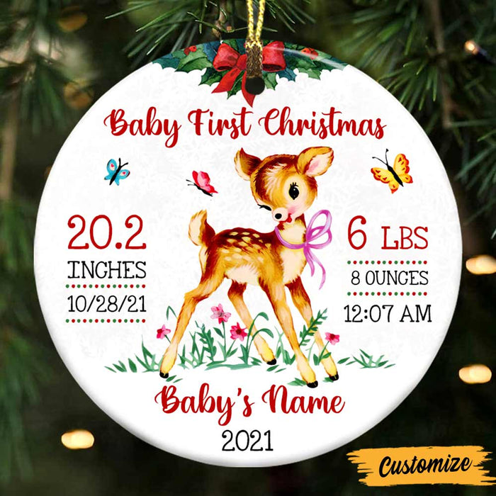 Personalized Deer Vintage Baby First Christmas Circle Ornament NB61 85O47 1