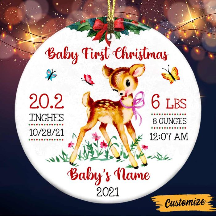 Personalized Deer Vintage Baby First Christmas Circle Ornament NB61 85O47 1