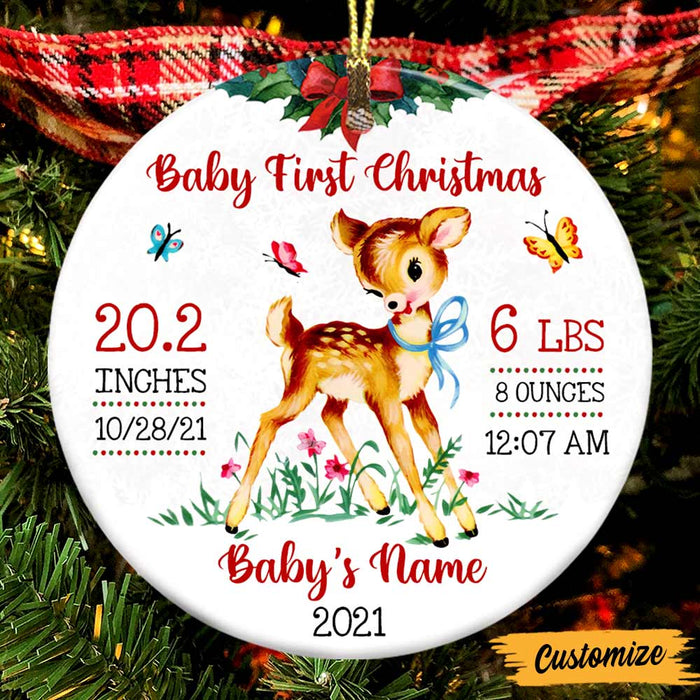 Personalized Deer Vintage Baby First Christmas Circle Ornament NB61 85O47 1
