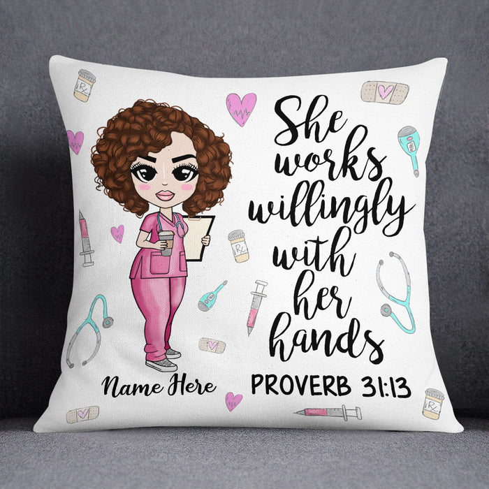 Personalized Proud Nurse She Works Willingly Pillow DB44 95O53 1