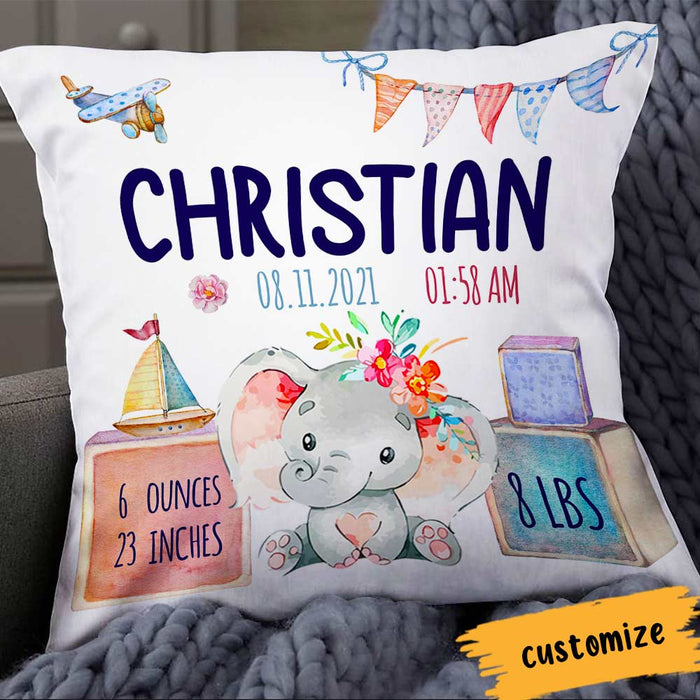 Personalized Elephant Baby Birth Announcement Pillow DB62 85O66 1