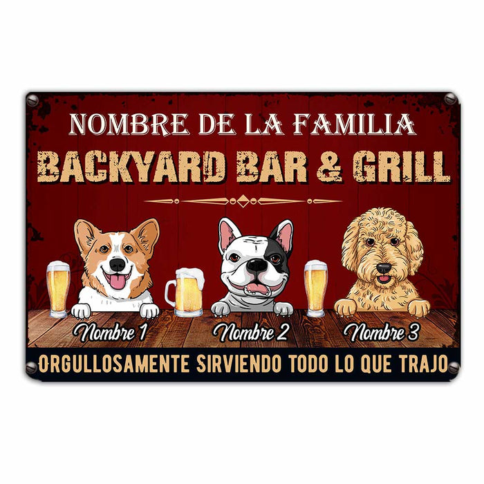 Personalized Dog Backyard Bar & Grill Proudly Serving Spanish Metal Sign JR33 24O34 1