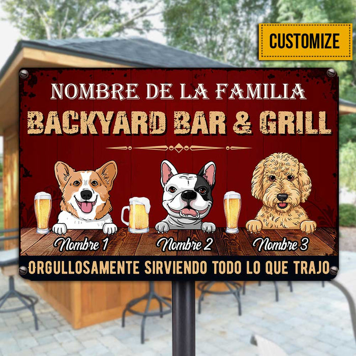 Personalized Dog Backyard Bar & Grill Proudly Serving Spanish Metal Sign JR33 24O34 1