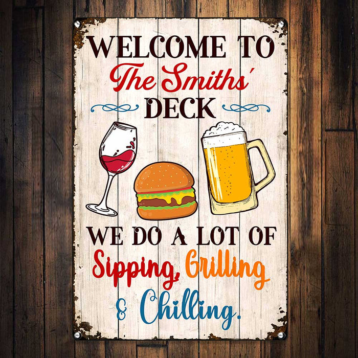 Personalized  Deck Gardening Sipping Grilling Chilling Metal Sign AG124 30O65 1