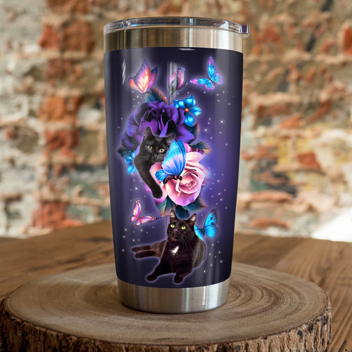 Black Cat & Purple Rose Steel Tumbler 1