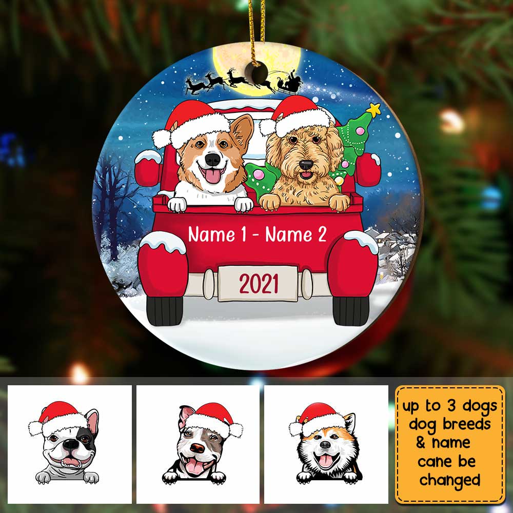 Personalized Dog Christmas Red Truck Circle Ornament AG311 81O34
