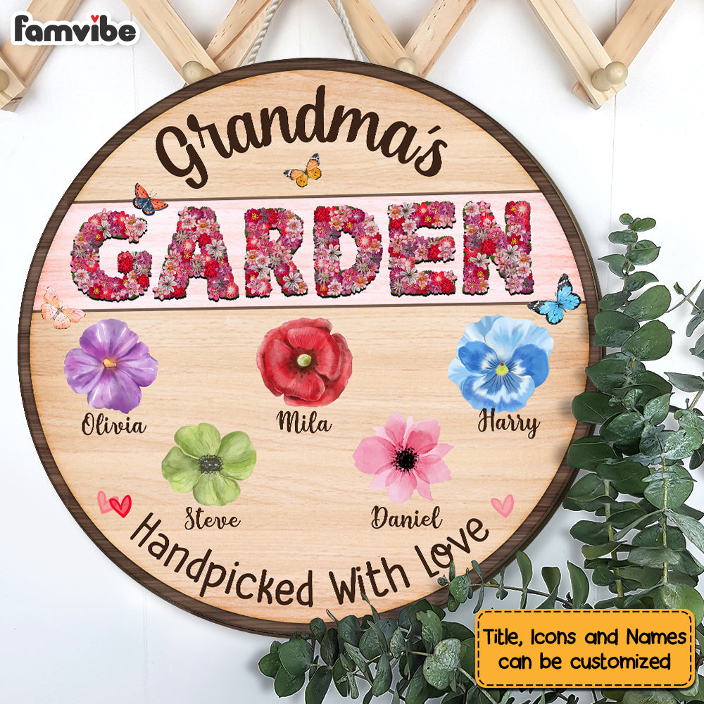 Personalized Grandma's Garden Flowers Round Wood Sign 25334 Primary Mockup