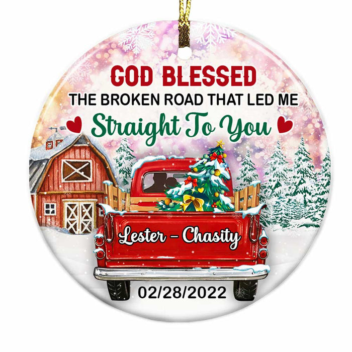 Personalized Couple Red Truck The Broken Road Circle Ornament OB12 32O28 1