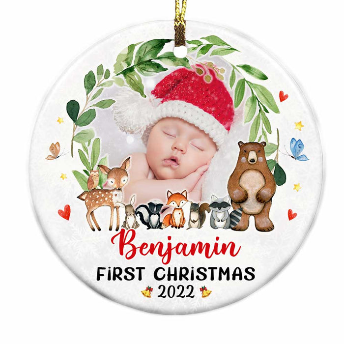 Personalized Woodland Animals Baby First Christmas Circle Ornament OB144 32O28 1