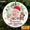 Personalized Woodland Animals Baby First Christmas Circle Ornament OB144 32O28 1