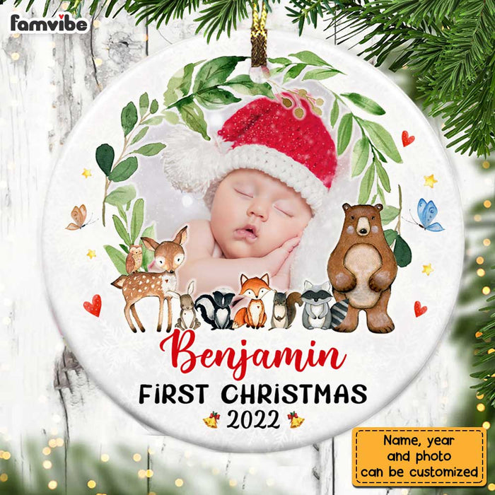 Personalized Woodland Animals Baby First Christmas Circle Ornament OB144 32O28 1