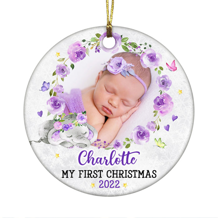 Personalized Baby First Christmas Purple Elephant Circle Ornament OB291 30O47 1